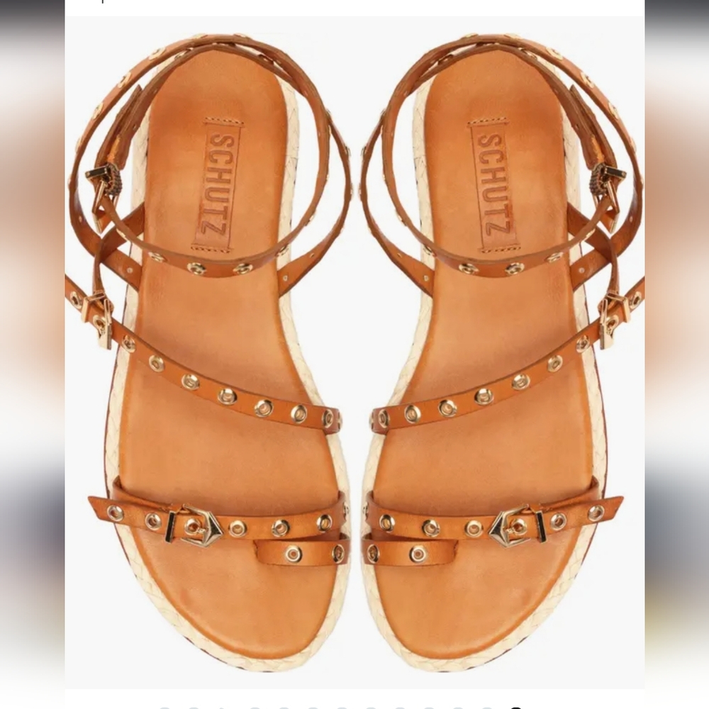 SCHUTZ Tan Leather Studded Ankle-Strap Sandals